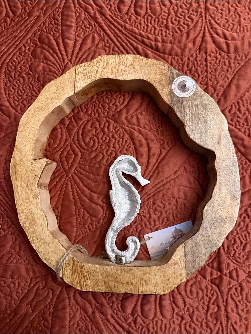 Handcrafted Wooden Ring Wall Decor with Silver Seahorse - Rustic Home Accent